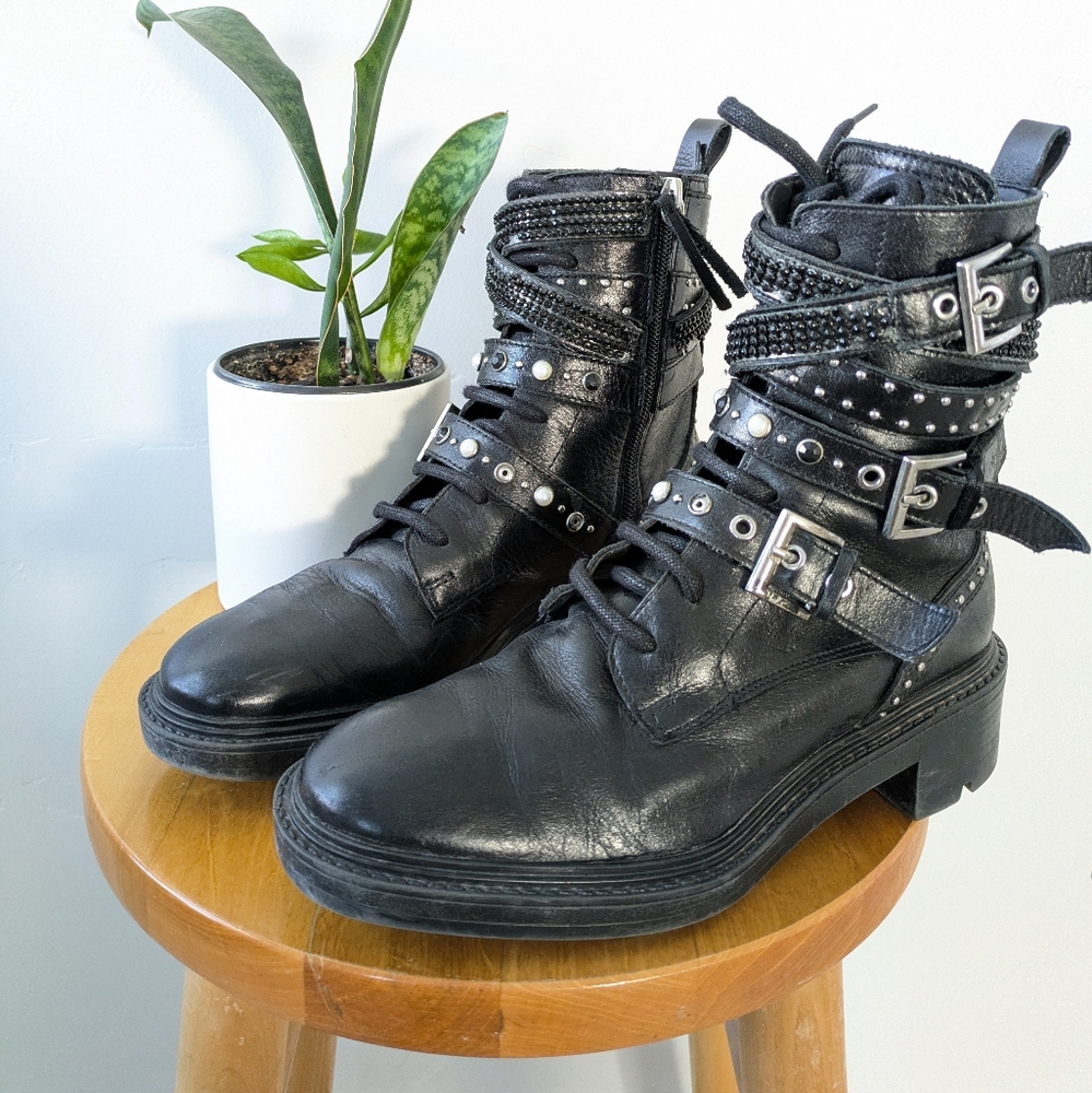 Zara Black Leather Embellished Studded Women's Boots